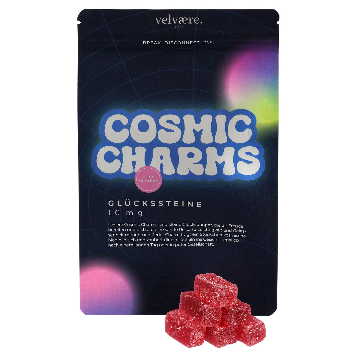 Velvaere Cosmic Charms Glückssteine – 10 Stück, rote fruchtige Würfel, 10 mg, Glücksbringer in dunkler, bunter Verpackung