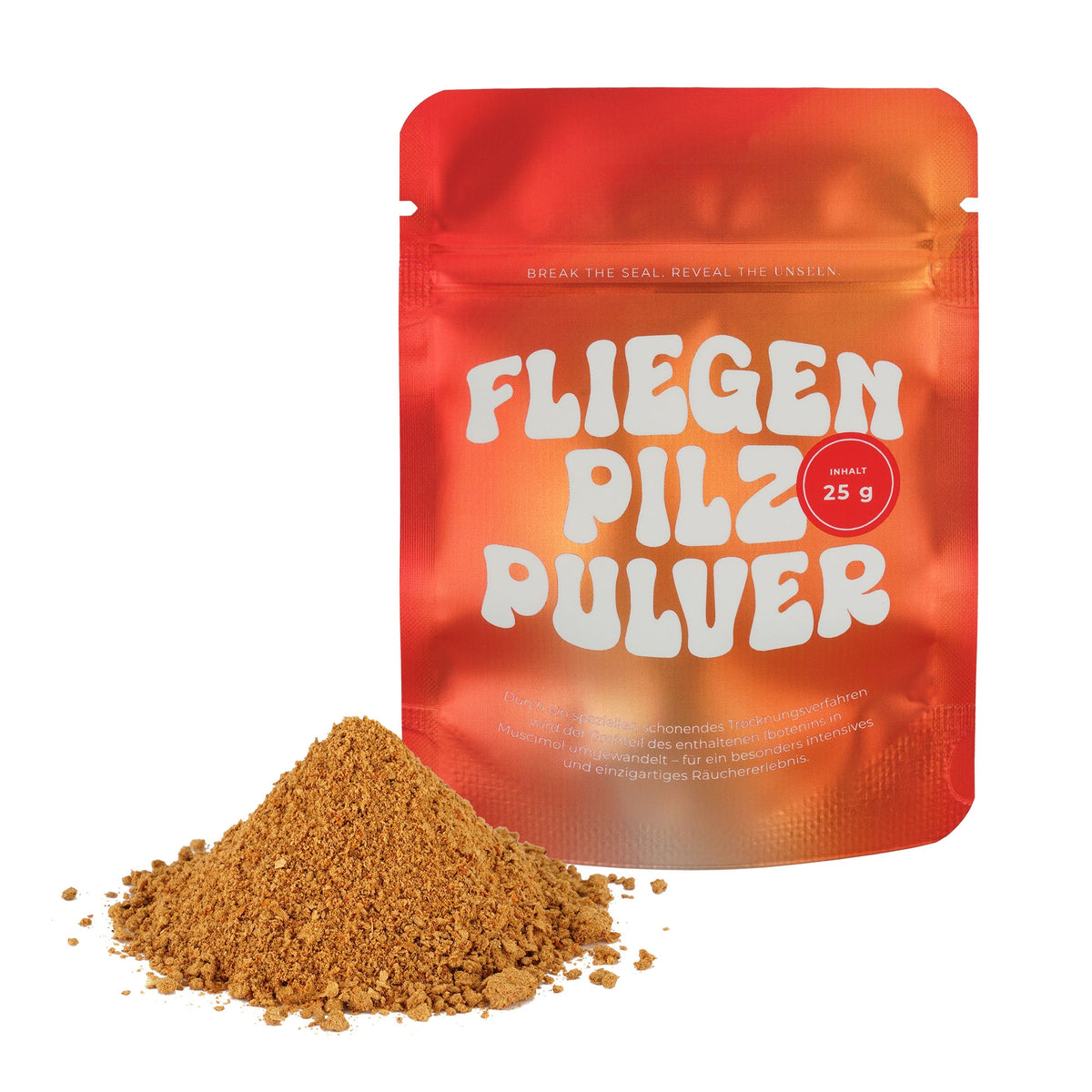 pure. ethno Fliegenpilz Pulver – 25 g, fein gemahlenes Pilzpulver, hochwertige Verpackung in Orange-Rot, für besonderes Räuchererlebnis