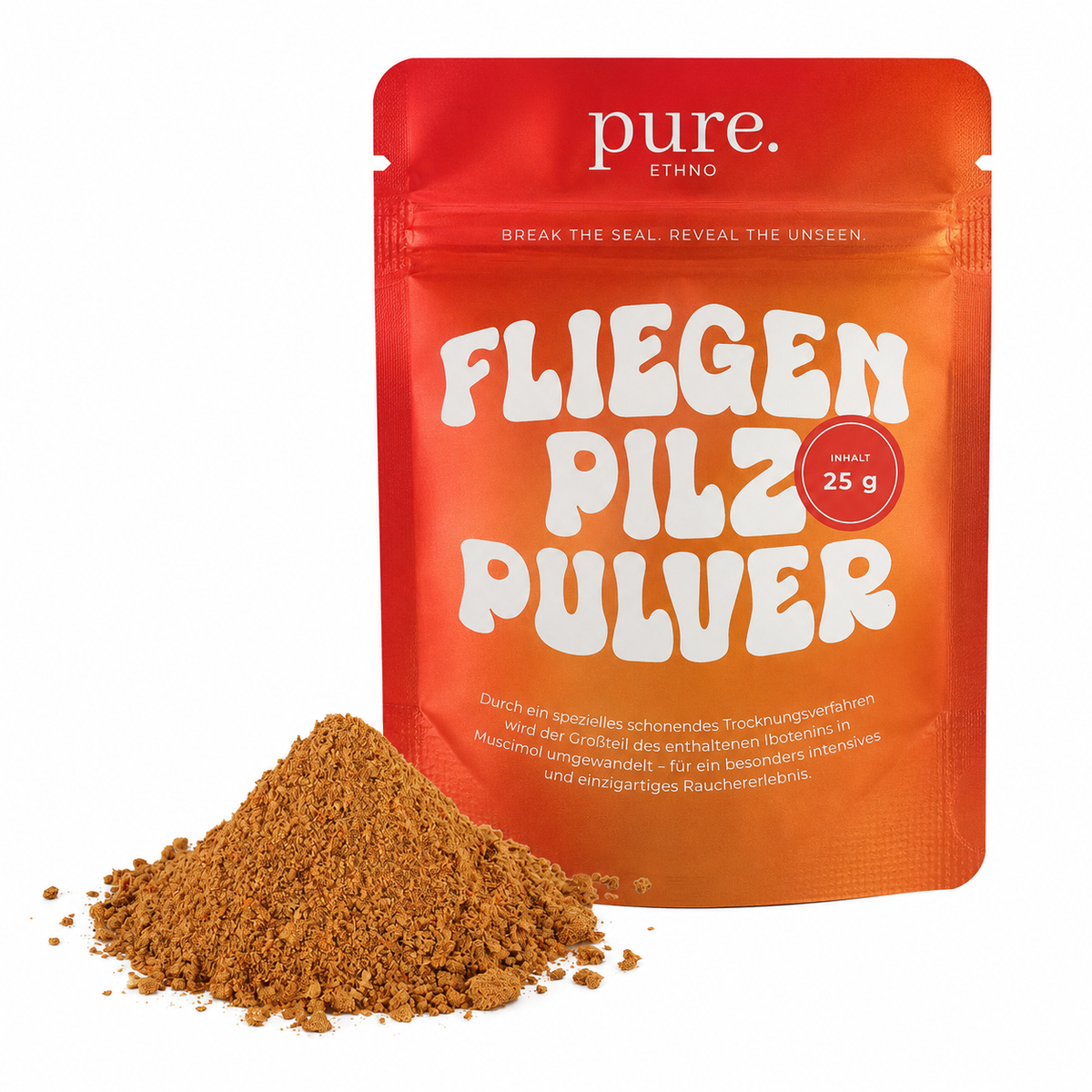 Velvaere Fliegenpilz Pulver – 25 g, fein gemahlenes Pilzpulver, hochwertige Verpackung in Orange-Rot, für besonderes Räuchererlebnis