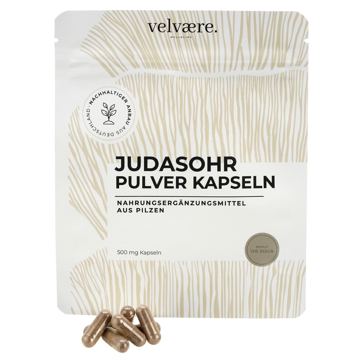 Velvaere Judasohr Pulver Kapseln – Nahrungsergänzung aus nachhaltigem Anbau, 500 mg, 120 Stück, vegan
