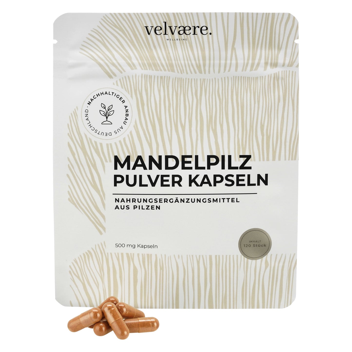 Velvaere Mandelpilz Pulver Kapseln – 500 mg, 120 Stück, vegan, aus nachhaltigem Anbau, Nahrungsergänzung aus Pilzen