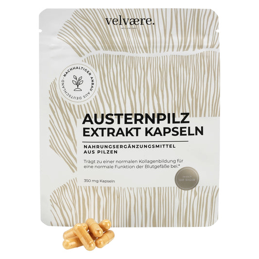 Velvaere Austernpilz Extrakt Kapseln – 350 mg, 120 Stück, vegan, aus nachhaltigem Anbau, Nahrungsergänzung aus Pilzen