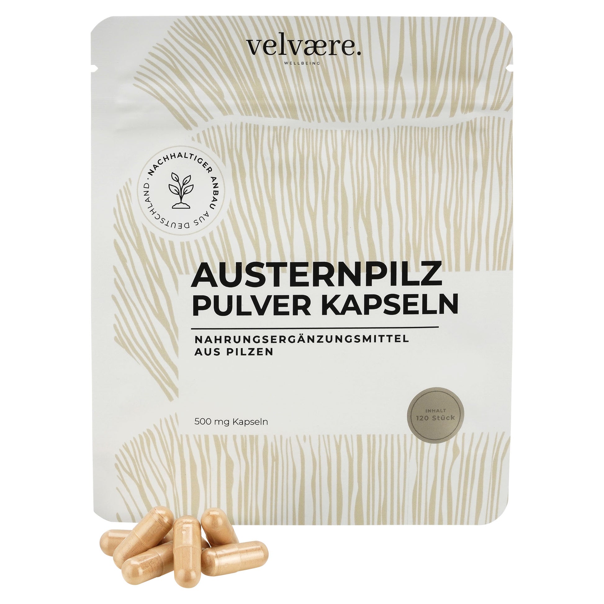Velvaere Austernpilz Pulver Kapseln – 500 mg, 120 Stück, vegan, aus nachhaltigem Anbau, Nahrungsergänzung aus Pilzen
