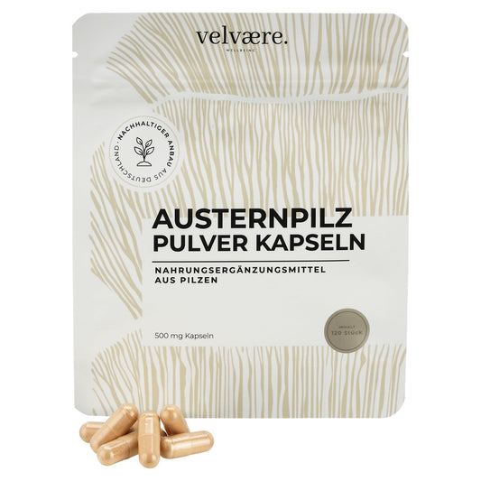 Velvaere Austernpilz Pulver Kapseln – 500 mg, 120 Stück, vegan, aus nachhaltigem Anbau, Nahrungsergänzung aus Pilzen