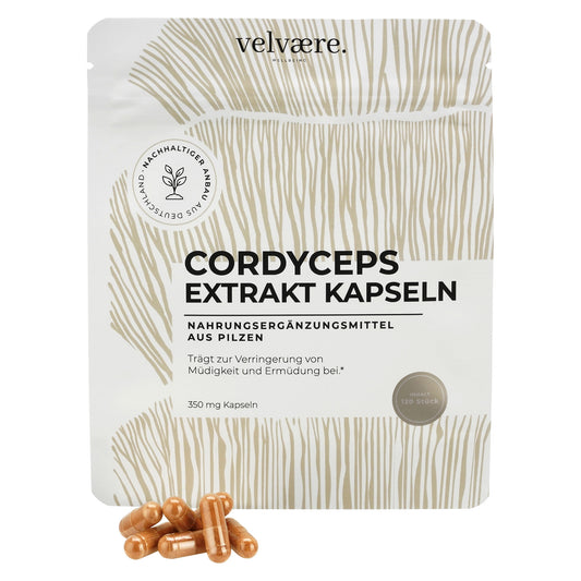 Velvaere Cordyceps Extrakt Kapseln – 350 mg, 120 Stück, vegan, gegen Müdigkeit, aus nachhaltigem Anbau, Nahrungsergänzung aus Pilzen
