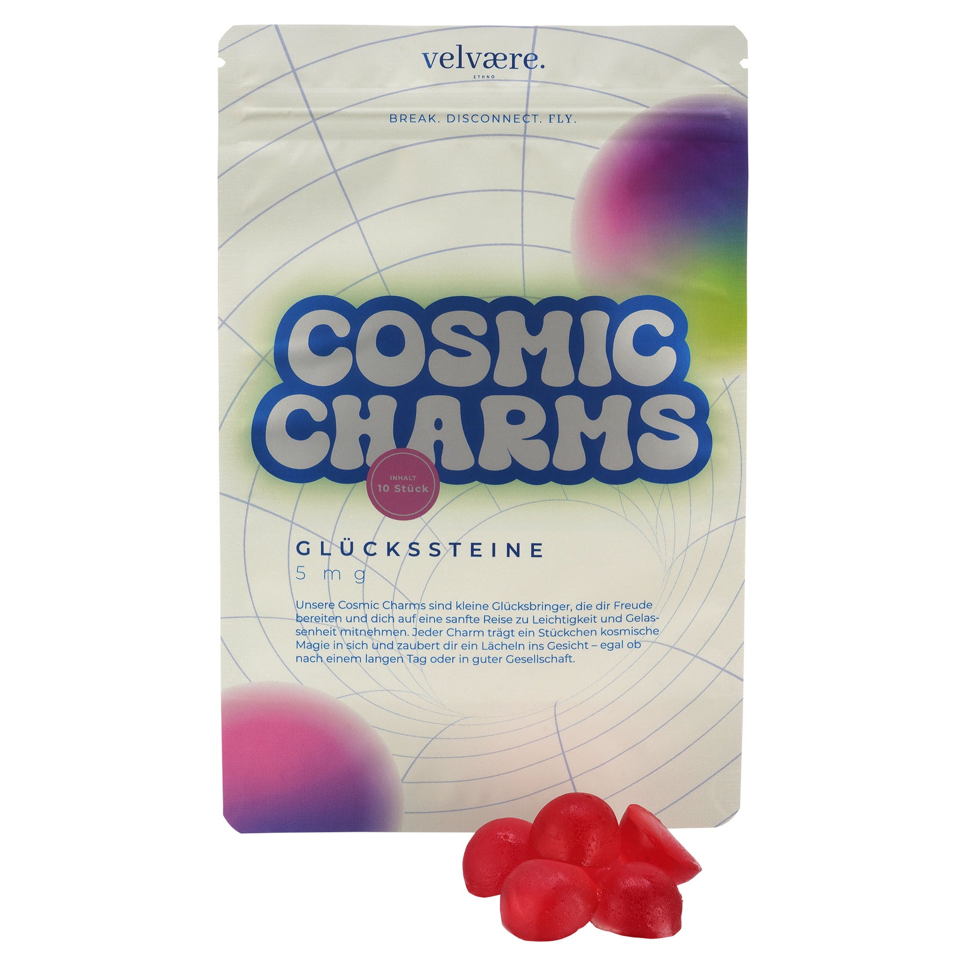 Velvaere Cosmic Charms THC Glückssteine – 10 Stück, rote Gummies, fruchtige Glücksbringer in bunter Verpackung