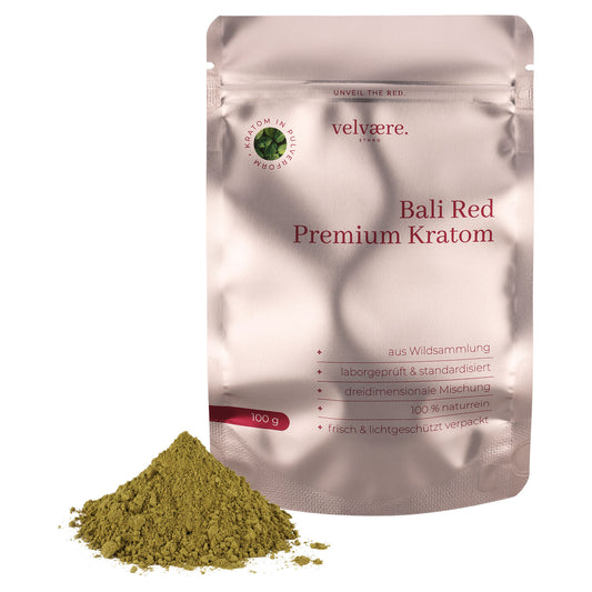Velvaere Bali Red Premium Kratom Pulver – 100 g, naturrein, aus Wildsammlung, laborgeprüft, frisch & lichtgeschützt verpackt