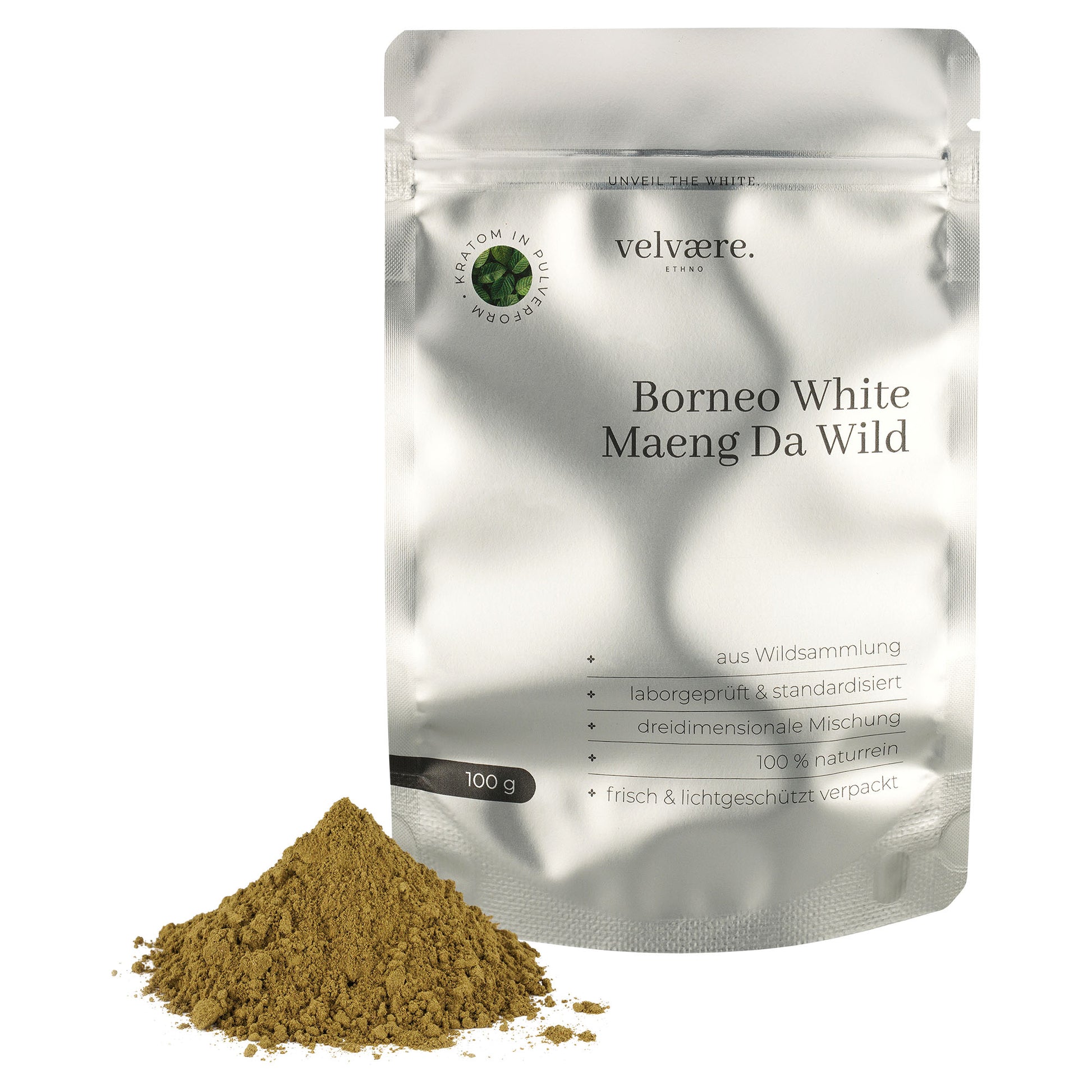 Velvaere Borneo White Maeng Da Wild Pulver – 100 g, naturrein, aus Wildsammlung, laborgeprüft, frisch & lichtgeschützt verpackt