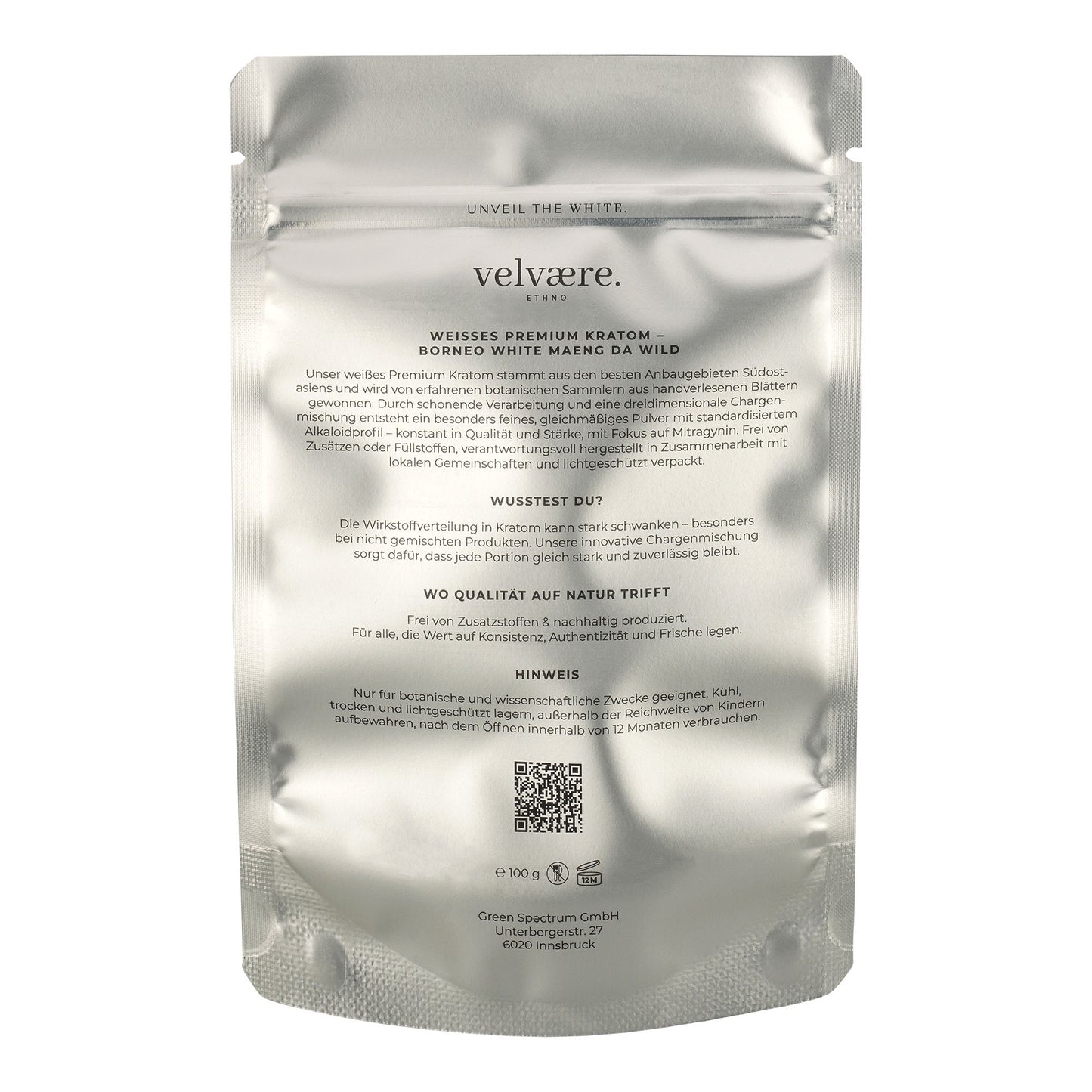 Rückseite der Velvaere Borneo White Maeng Da Wild Verpackung – Produktinformationen, Anwendungshinweise und Qualitätsmerkmale auf silberner Verpackung
