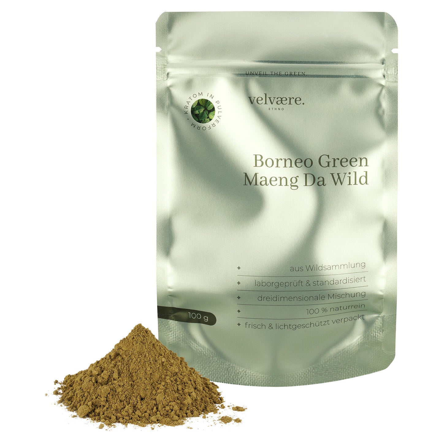 Velvaere Borneo Green Maeng Da Wild Pulver – 100 g, naturrein, aus Wildsammlung, laborgeprüft, frisch & lichtgeschützt verpackt