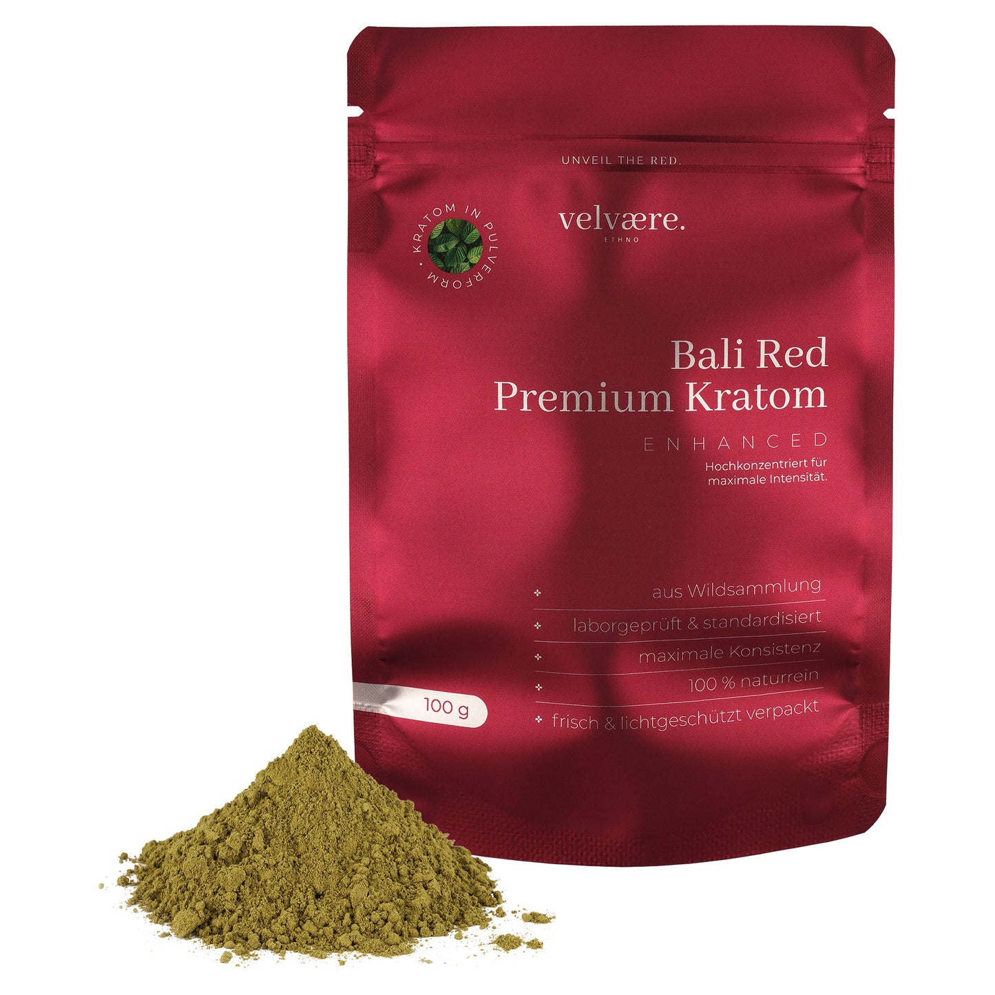 Velvaere Bali Red Premium Kratom Enhanced Pulver – 100 g, hochkonzentriert, naturrein, aus Wildsammlung, laborgeprüft, frisch & lichtgeschützt verpackt