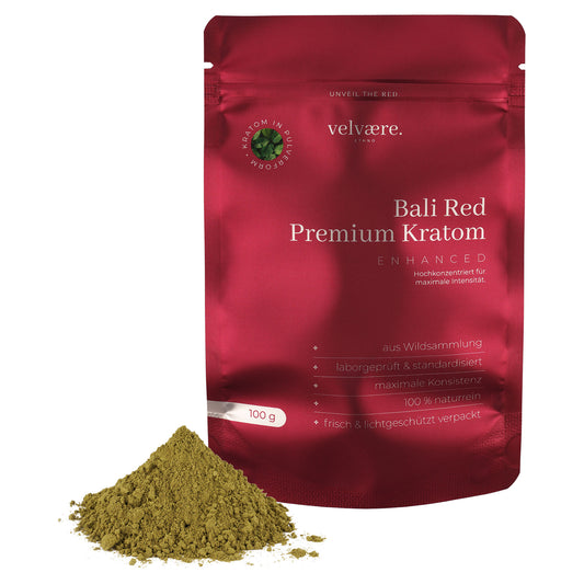 Velvaere Bali Red Premium Kratom Enhanced Pulver – 100 g, hochkonzentriert, naturrein, aus Wildsammlung, laborgeprüft, frisch & lichtgeschützt verpackt