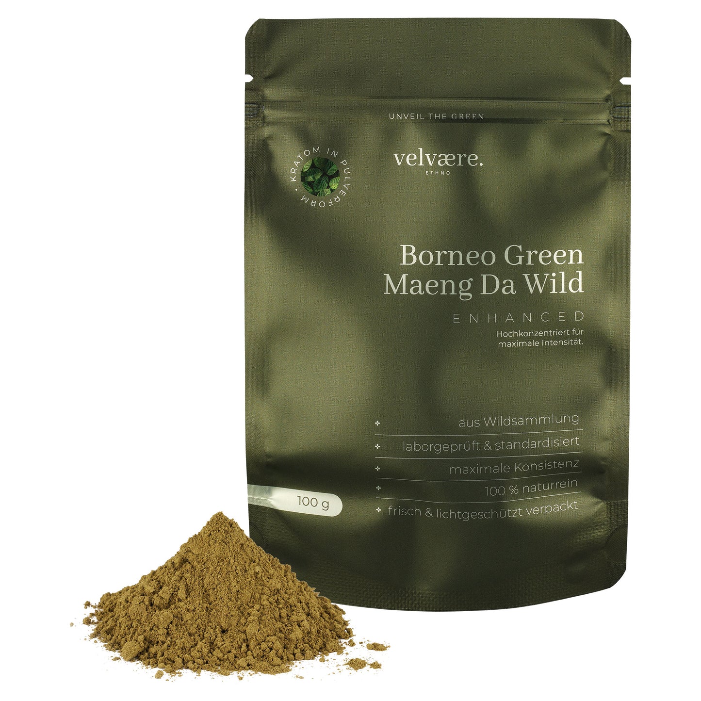 Velvaere Borneo Green Maeng Da Wild Enhanced Pulver – 100 g, hochkonzentriert, naturrein, aus Wildsammlung, laborgeprüft, frisch & lichtgeschützt verpackt