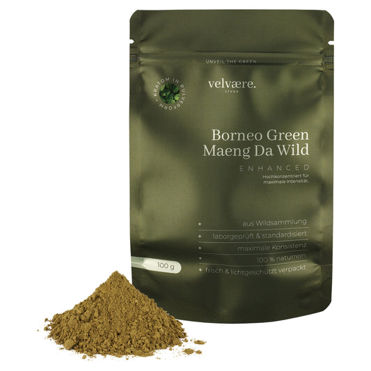 Velvaere Borneo Green Maeng Da Wild Enhanced Pulver – 100 g, hochkonzentriert, naturrein, aus Wildsammlung, laborgeprüft, frisch & lichtgeschützt verpackt