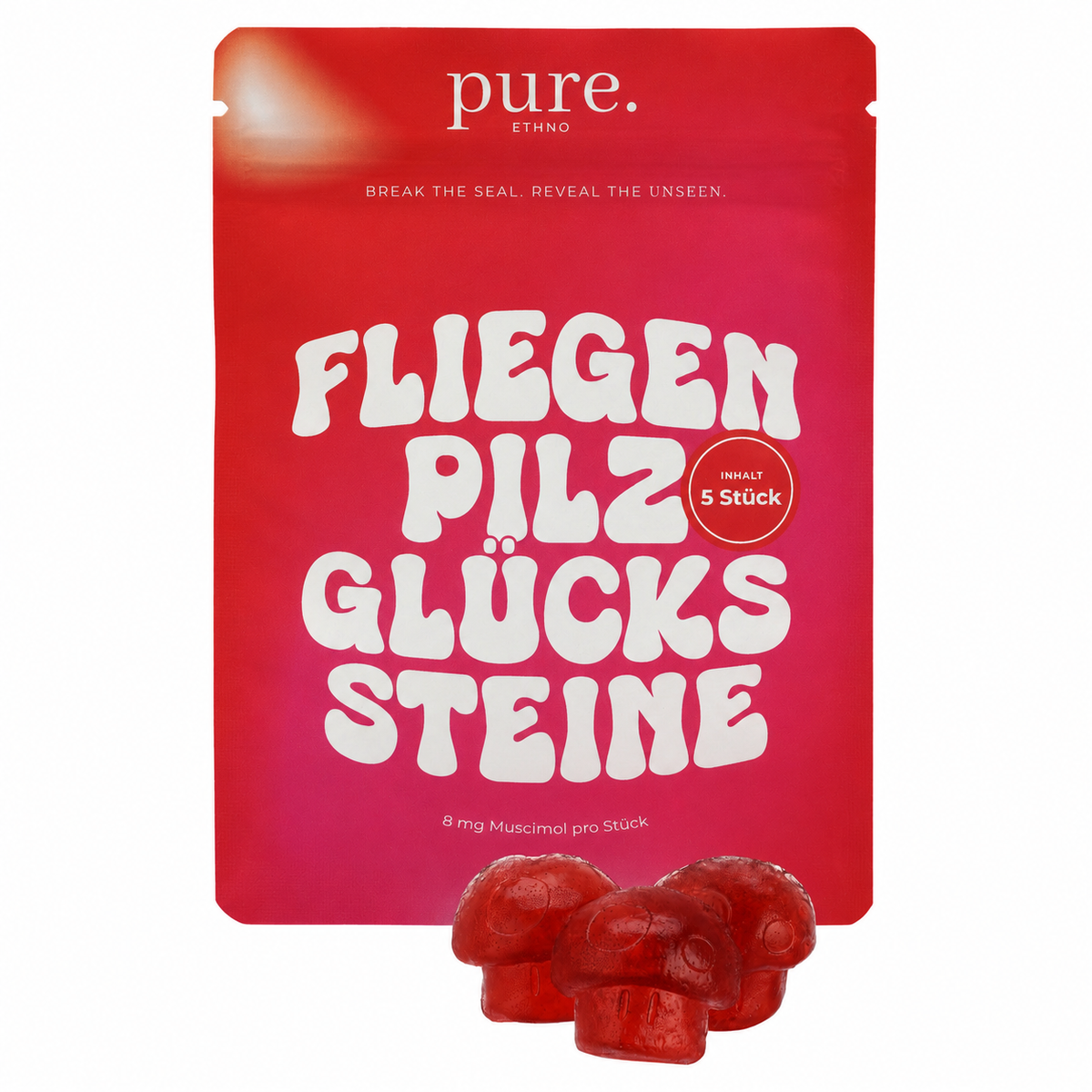 Velvaere Fliegenpilz Glückssteine – 5 Stück, rote Gummis in Pilzform, 8 mg Muscimol pro Stück