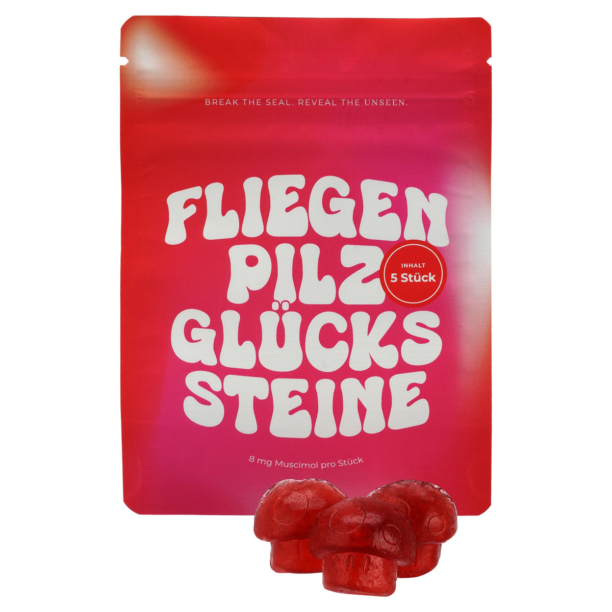 pure. ethno Fliegenpilz Glückssteine – 5 Stück, rote Gummis in Pilzform, 8 mg Muscimol pro Stück