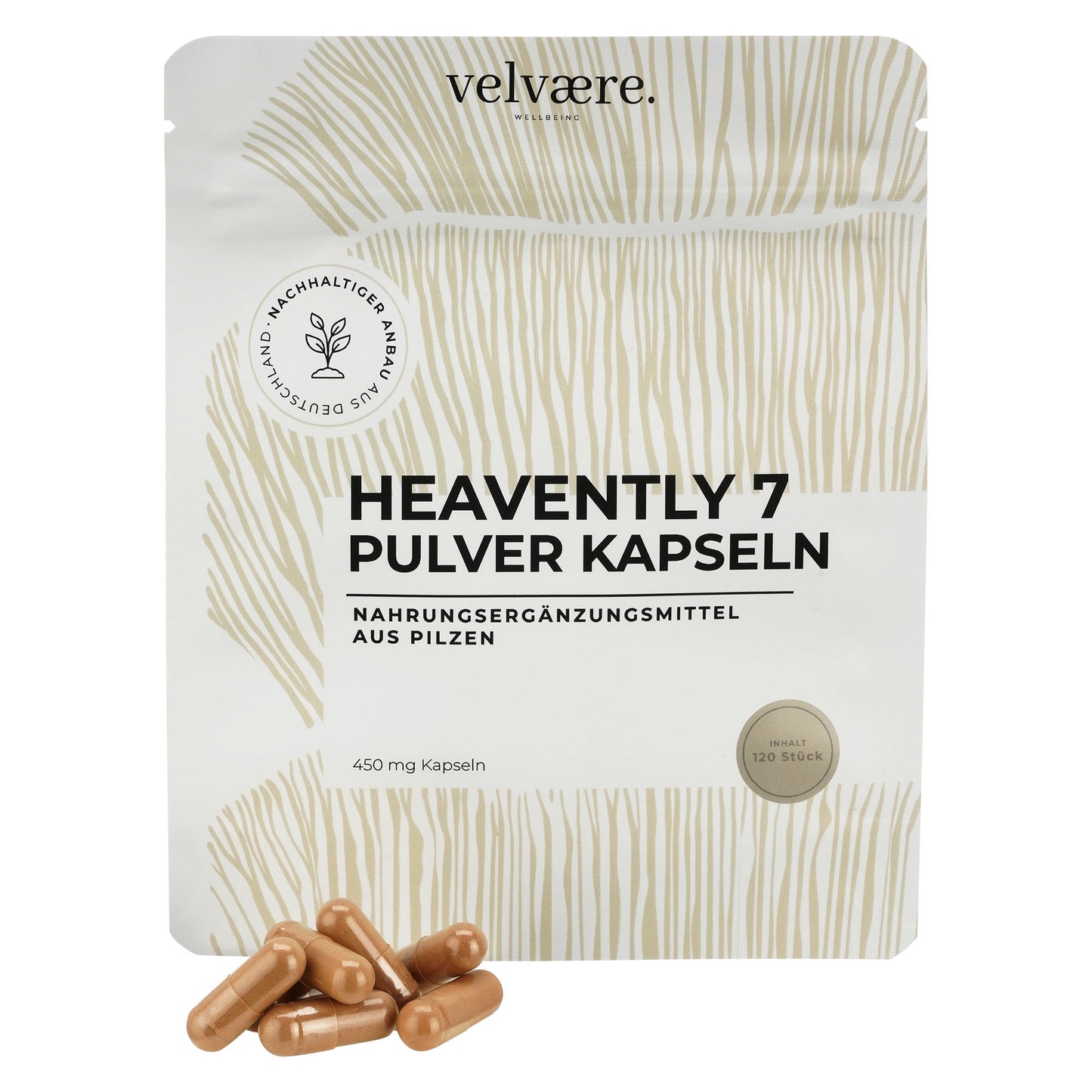 Heavenly 7 Pulver Kapseln – Verpackung mit 120 Kapseln und braunen Kapseln im Vordergrund