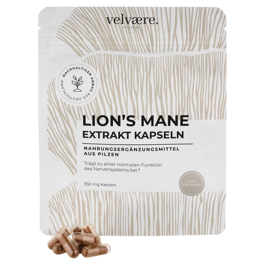 Lions mane Extrakt Kapseln in einer Standbodenbeutel Verpackung mit Kapseln davor