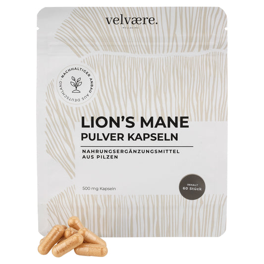 Lions mane Pulver Kapseln in einer Standbodenbeutel Verpackung mit Kapseln davor