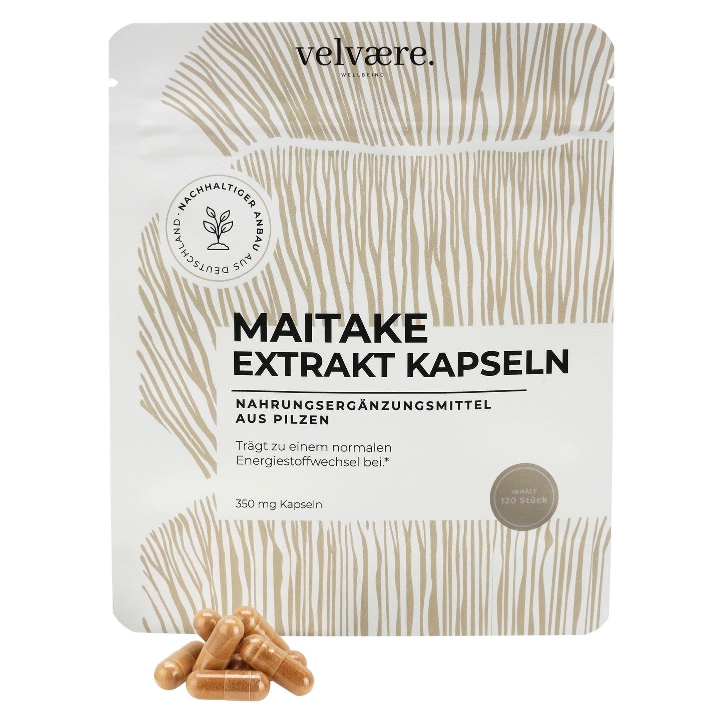Velvaere Maitake Extrakt Kapseln – 350 mg, 120 Stück, vegan, aus nachhaltigem Anbau, Nahrungsergänzung aus Pilzen