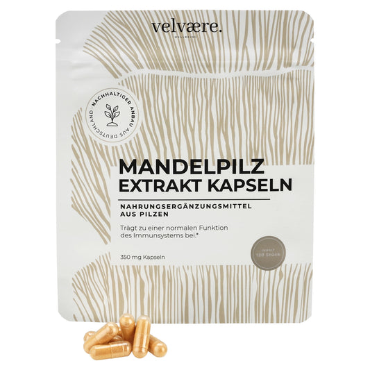 Velvaere Mandelpilz Extrakt Kapseln – 350 mg, 120 Stück, vegan, aus nachhaltigem Anbau, Nahrungsergänzung aus Pilzen