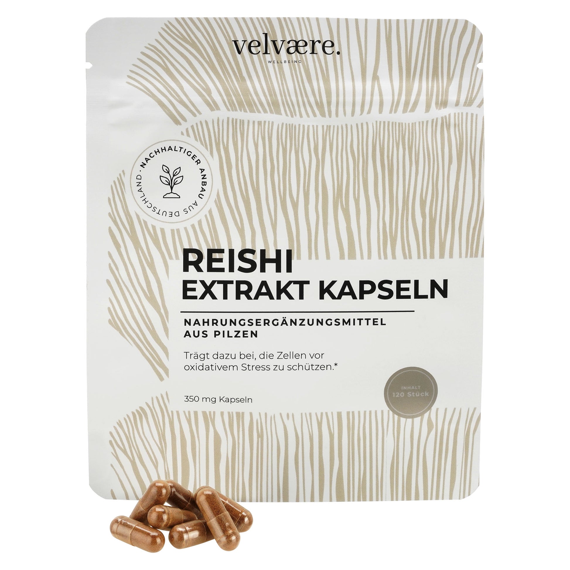 Velvaere Reishi Extrakt Kapseln – 350 mg, 120 Stück, vegan, aus nachhaltigem Anbau, Nahrungsergänzung aus Pilzen