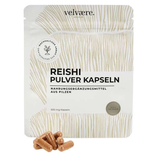 Velvaere Reishi Pulver Kapseln – 500 mg, 120 Stück, vegan, aus nachhaltigem Anbau, Nahrungsergänzung aus Pilzen