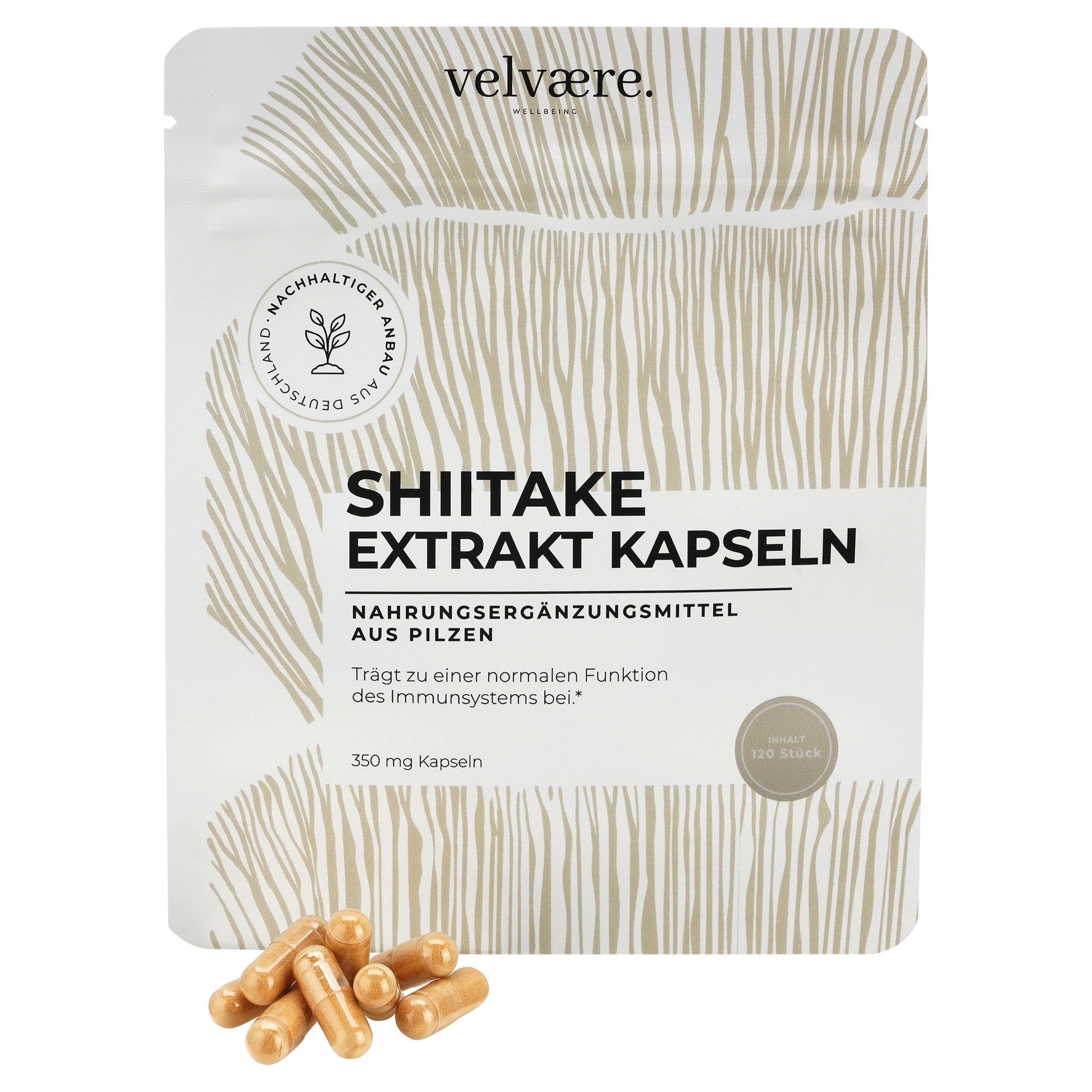 Velvaere Shiitake Extrakt Kapseln – 350 mg, 120 Stück, vegan, aus nachhaltigem Anbau, Nahrungsergänzung aus Pilzen
