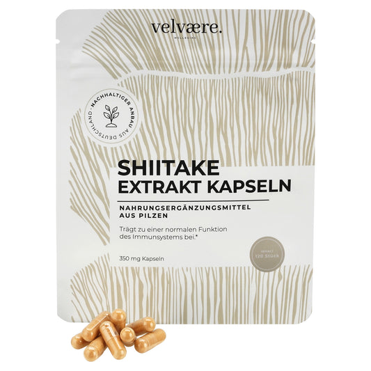 Velvaere Shiitake Extrakt Kapseln – 350 mg, 120 Stück, vegan, aus nachhaltigem Anbau, Nahrungsergänzung aus Pilzen