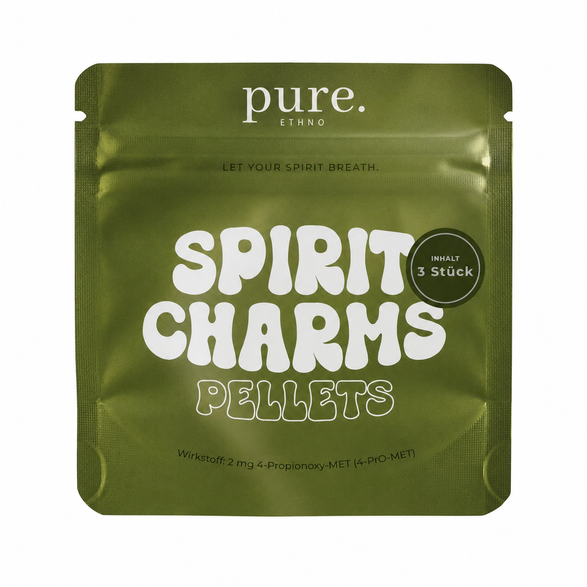 Verpackung „Spirit Charms Pellets“ – Produkt mit Wirkstoff 4-ProPionoxy-MET (4-Pro-MET), Inhalt 3 Stück