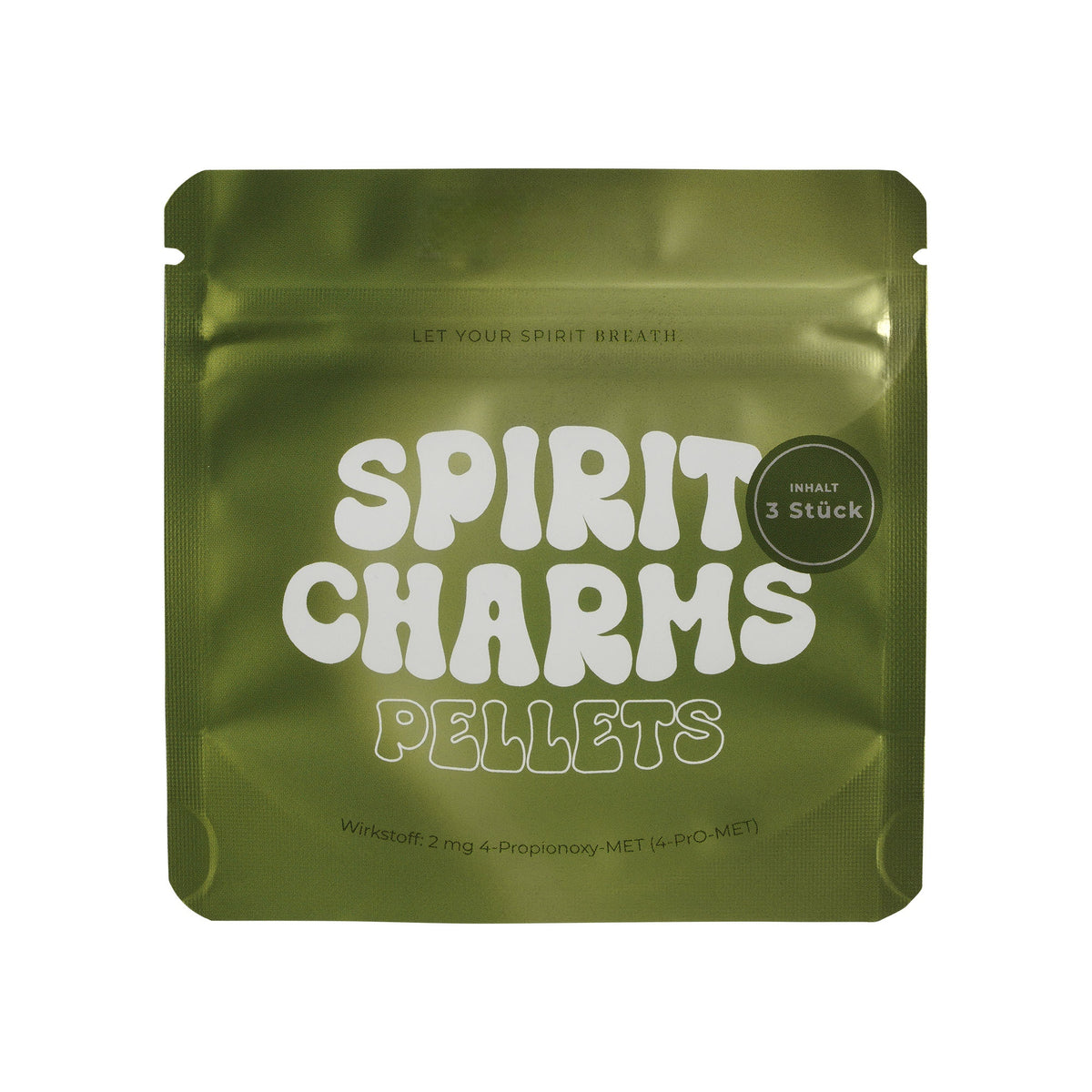 Verpackung „Spirit Charms Pellets“ – Produkt mit Wirkstoff 4-ProPionoxy-MET (4-Pro-MET), Inhalt 3 Stück