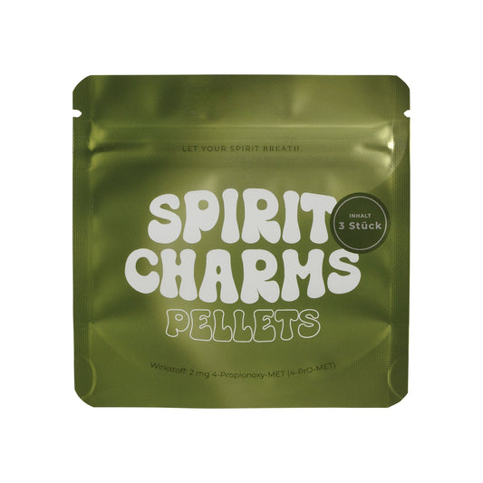 Verpackung „Spirit Charms Pellets“ – Produkt mit Wirkstoff 4-ProPionoxy-MET (4-Pro-MET), Inhalt 3 Stück