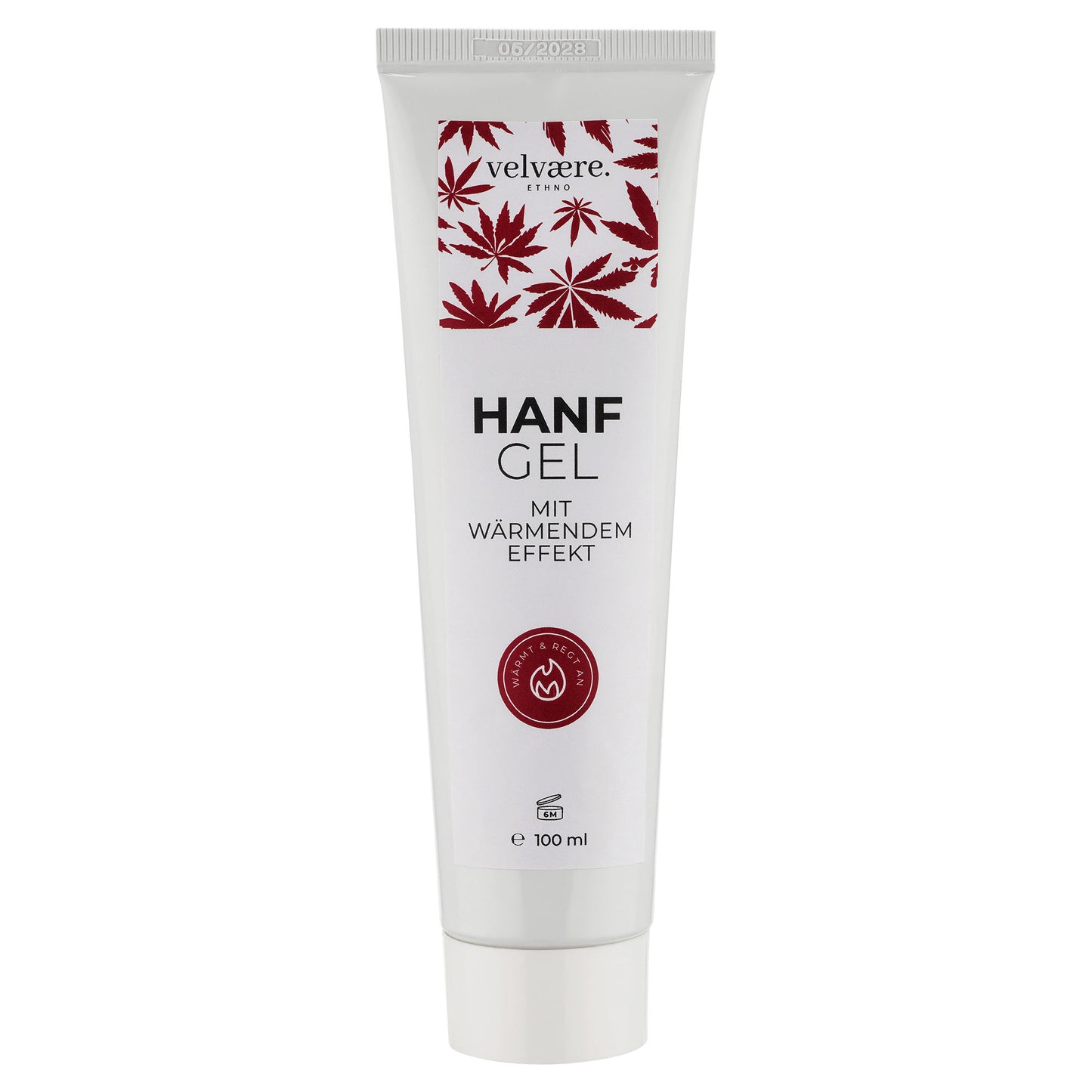 Velvaere Hanf Gel mit wärmendem Effekt in weißer 100-ml-Tube mit rot-weißem Etikett und Hanfblatt-Muster – natürliches Wärmegel für Muskeln und Gelenke