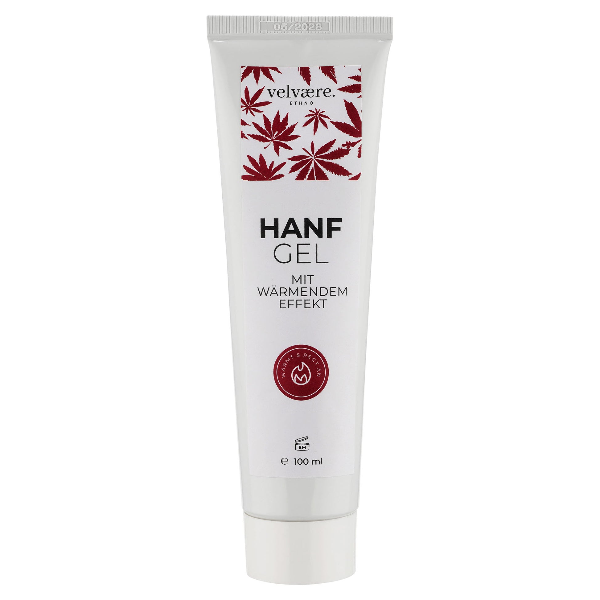 Velvaere Hanf Gel mit wärmendem Effekt in weißer 100-ml-Tube mit rot-weißem Etikett und Hanfblatt-Muster – natürliches Wärmegel für Muskeln und Gelenke