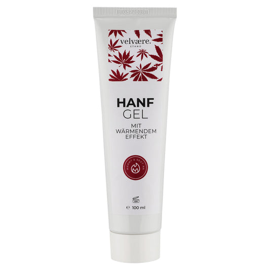Velvaere Hanf Gel mit wärmendem Effekt in weißer 100-ml-Tube mit rot-weißem Etikett und Hanfblatt-Muster – natürliches Wärmegel für Muskeln und Gelenke