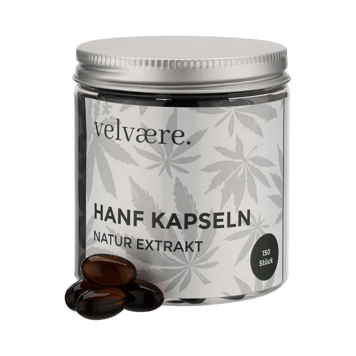 Velvaere Hanfkapseln mit 25 mg CBD pro Kapsel im Glasbehälter – natürlicher Hanfextrakt mit 150 Kapseln für die tägliche Wellness-Routine.