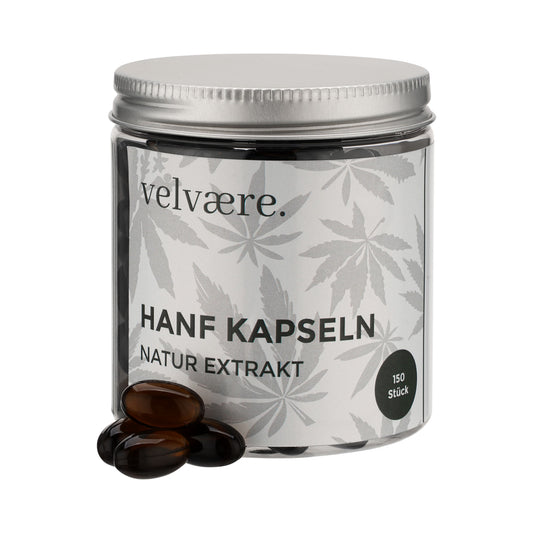 Velvaere Hanfkapseln mit 25 mg CBD pro Kapsel im Glasbehälter – natürlicher Hanfextrakt mit 150 Kapseln für die tägliche Wellness-Routine.