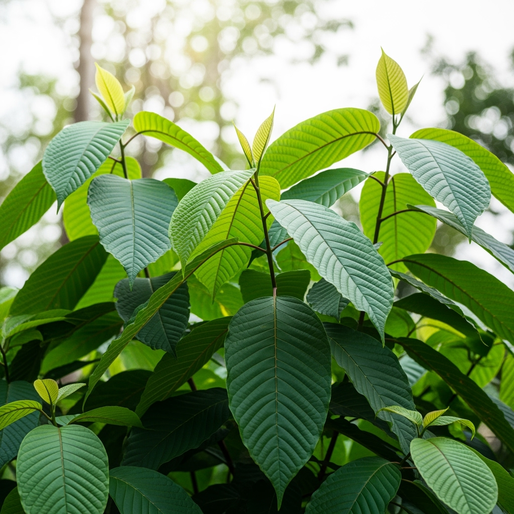 Kratom Pflanze (Mitragyna speciosa) mit großen, grünen Blättern im Sonnenlicht, natürliche Umgebung im tropischen Wald