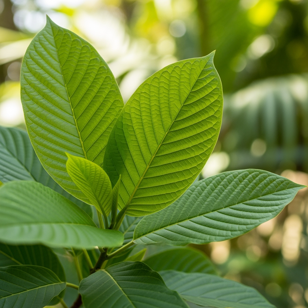 Große, grüne Blätter der Kratom Pflanze (Mitragyna speciosa) in Nahaufnahme, deutlich sichtbare Blattadern, natürliche Umgebung